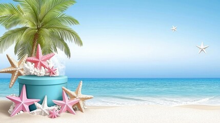 Obraz premium Vibrant Tropical Beach Scene with Palm Tree, Starfish, and Calm Ocean Waters
