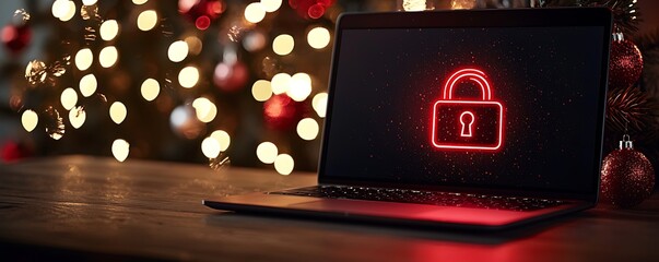 Laptop screen displaying a vibrant red neon lock icon, set against a backdrop blurred Christmas lights, symbolizing festive cybersecurity awareness