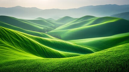 The grassland stretches endlessly, its emerald-green blades swaying in the gentle breeze like an ocean of silk