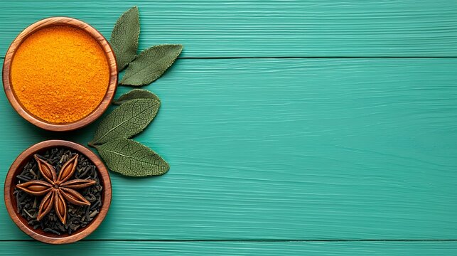 Two Wooden Bowls of Spices on Teal Rustic Wooden Surface with Green Leaves