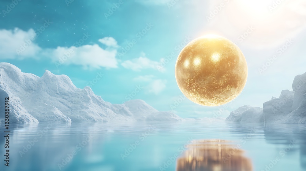 Poster a shimmering golden sun rises over serene waters and clouds, creating a tranquil, ethereal atmospher