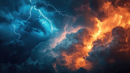 Dramatic Thunderstorm with Vibrant Clouds and Lightning Showcasing Blue and Orange Sky Effects