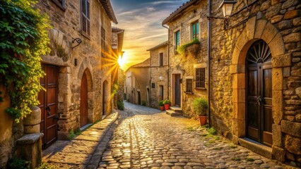 Fototapeta premium Golden Hour Illumination on a Cobblestone Street in a Picturesque Old Town with Sunbeams Streaming Through Ancient Stone Buildings