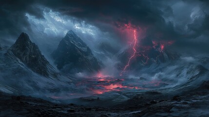 Fototapeta premium Dramatic Mountain Landscape with Fiery Lava, Stormy Clouds, and Striking Lightning in a Dark Environment