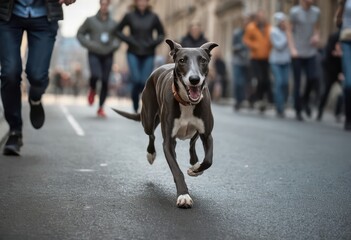 greyhound dog running on the street of a urban city, between pedestrian people