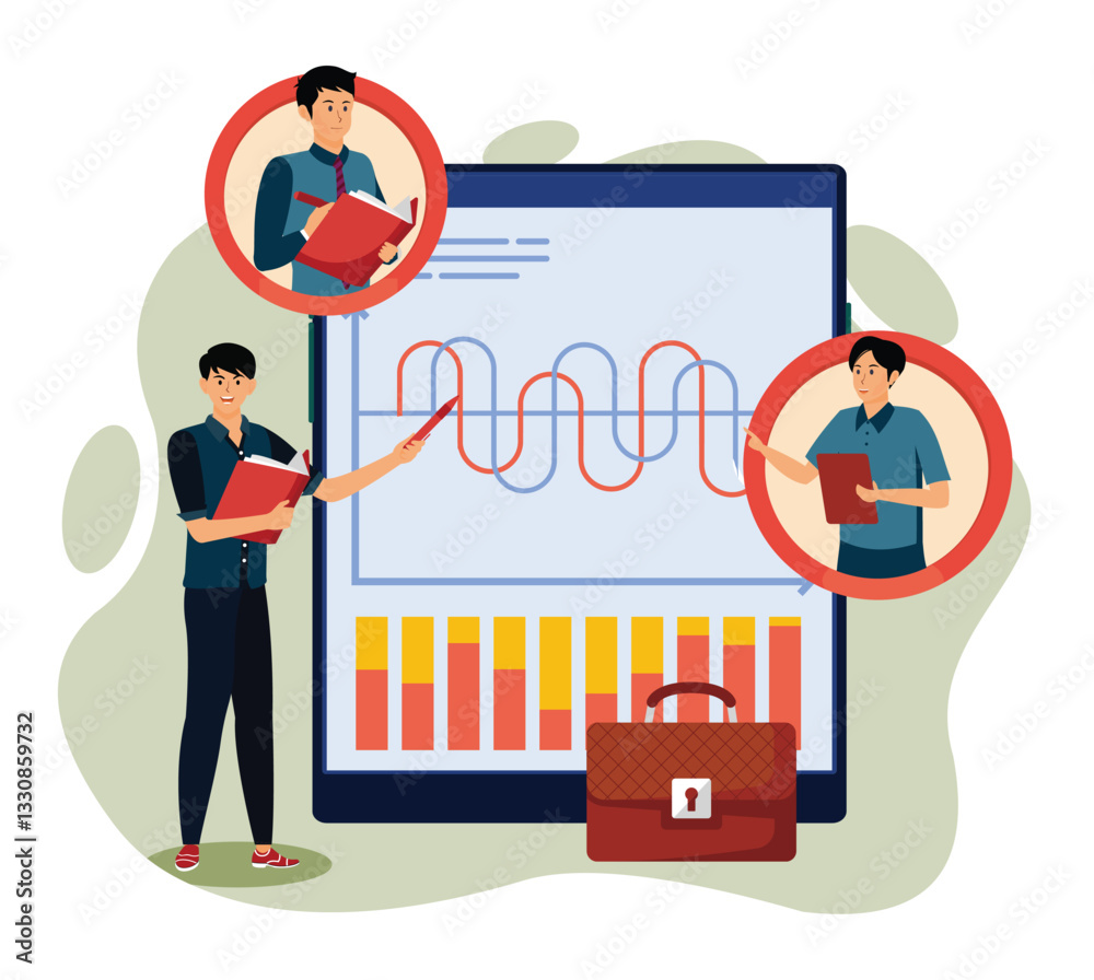 Poster workflow process. business professionals analyzing data on digital displays with graphs and diagrams