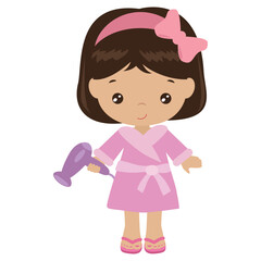 Cute little spa birthday  girl with hair dryer vector cartoon illustration