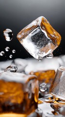 Falling Ice Cubes with Water Drops on Dark Background