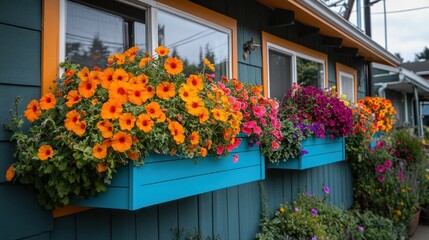 Fototapeta premium Vibrant flower boxes adorn a teal house