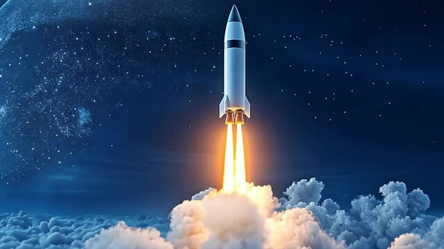 Rocket Ascending: A powerful rocket soars through a starry night sky, leaving a trail of fire and billowing smoke, symbolizing progress and exploration. 