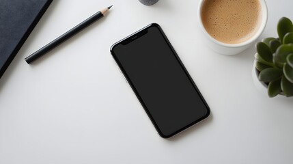 Modern Workspace Smartphone Mockup with Coffee Pencil and Succulent Plant