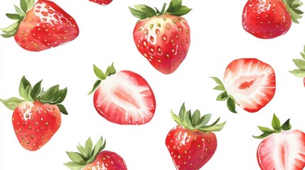 94.A collection of vector templates for strawberry packaging, featuring soft watercolor illustrations of ripe strawberries in various poses. Each strawberry is delicately painted with watercolor