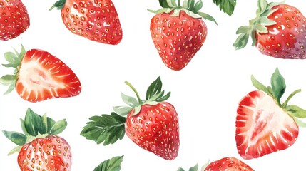 94.A collection of vector templates for strawberry packaging, featuring soft watercolor illustrations of ripe strawberries in various poses. Each strawberry is delicately painted with watercolor