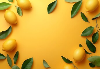 Fresh Lemons and Green Leaves on Yellow Background