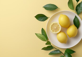 Fresh Lemons and Green Leaves on Yellow Background