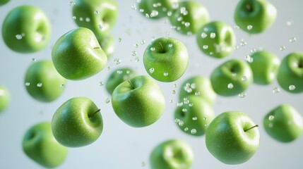 12.A 3D depiction of green apples falling in a gentle cascade, their glossy surface reflecting the light. The applesâ€™ natural texture is captured in fine detail, with soft shadows enhancing the