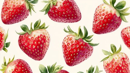 84.A high-definition design of fresh strawberries arranged in a repeating, seamless pattern on a soft, neutral background. The strawberries are drawn with intricate detail, showcasing their vibrant