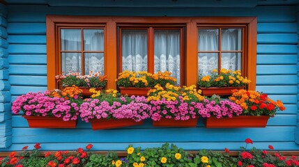Fototapeta premium Vibrant flowers in window boxes adorn a blue wooden house