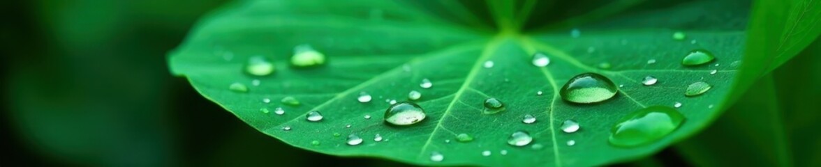 Jade-colored leaf, numerous water droplets, soft light illumination, freshness, botany