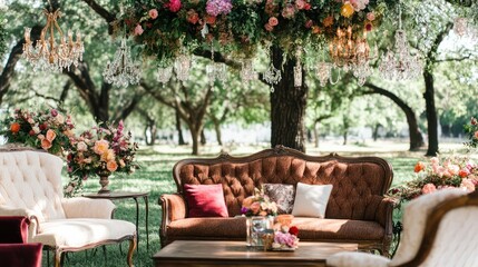 Rustic garden party seating area with floral accents