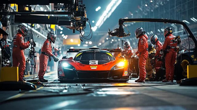 Formula One Race Car . Pit Crew Servicing Vehicle in the Pit Lane. Blurred Pit Crew in Background. Speed and Sport Concept Video