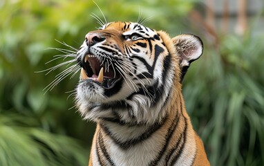 Obraz premium Striped Tiger Closeup in Lush Green Foliage