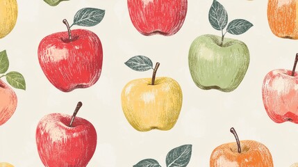 17.A stylized seamless pattern featuring illustrations of apples in different colors, from vibrant reds to soft greens, scattered across a neutral background. The abstract design incorporates subtle