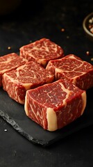 Raw beef cubes on dark slate. Ready.