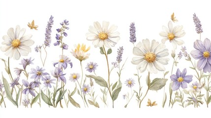 Watercolor floral border with lavender and daisies (1)