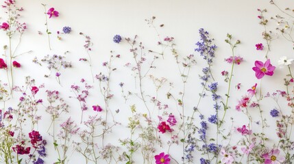 Pressed wildflowers arranged on white background