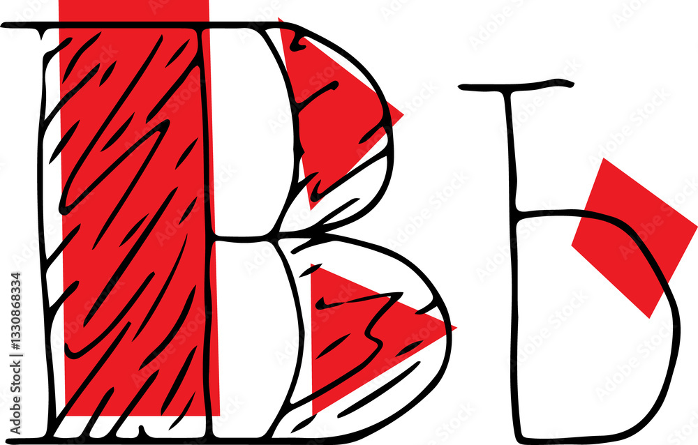 Fototapete capital letter b and lowercase letter hand drawn in black with shaded capital letter with red fills 