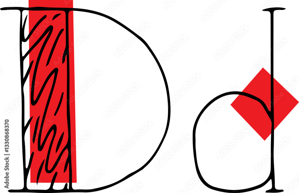 Fototapete capital letter d and lowercase letter hand drawn in black with shaded capital letter with red fills 