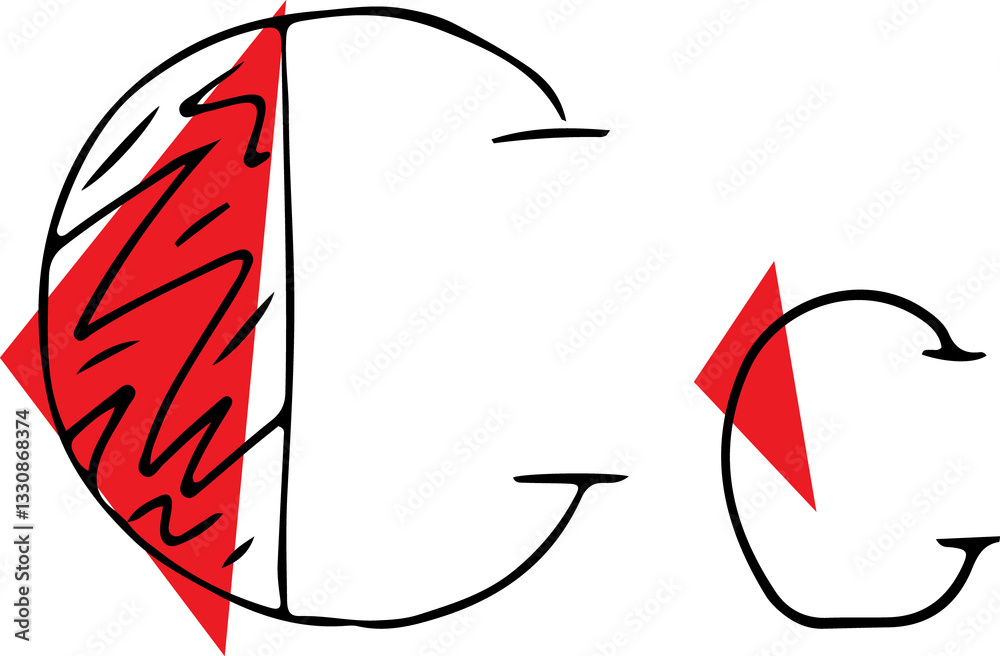 Fototapete capital letter c and lowercase letter hand drawn in black with shaded capital letter with red fills 
