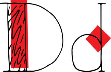 capital letter D and lowercase letter hand drawn in black with shaded capital letter with red fills of different rectangular and triangular shapes