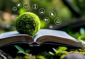 Green Moss Sphere Resting on Open Book Surrounded by Nature Icons
