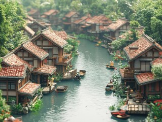 Obraz premium Waterside Village: Houses, Boats, Tranquil Canal Scene