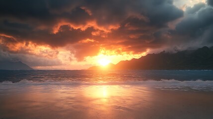 Obraz premium Stunning sunset over a tranquil beach with dramatic clouds reflecting on the water.