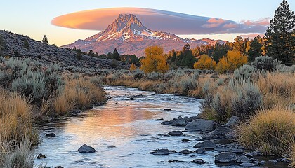 River flows toward mountain at sunset.