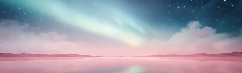 Naklejka premium Aurora lights reflect over a calm lake under a starry sky with soft pink and blue hues.