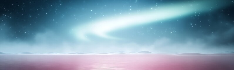 Obraz premium Dreamy landscape with a glowing sky and calm waters reflecting vibrant colors.