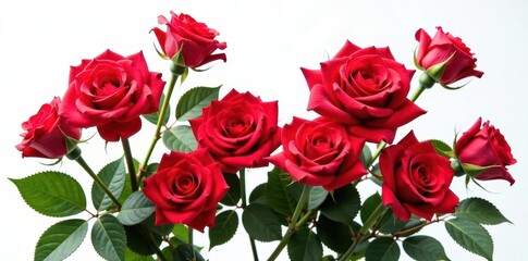 Vibrant red roses, lush bouquet, white background, bloom, love, floral