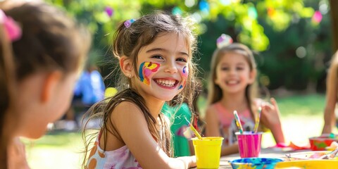 A child’s birthday celebration in a park, featuring fun games, face painting, and an atmosphere full of joy