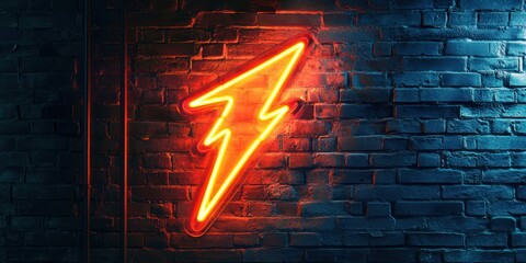 A close-up of a neon sign shaped like a lightning bolt, glowing against a dark brick wall