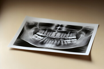 Dental X-ray Radiograph of Human Teeth on a Light Surface Displaying Clear Details of Oral Structure and Comprehensive Examination
