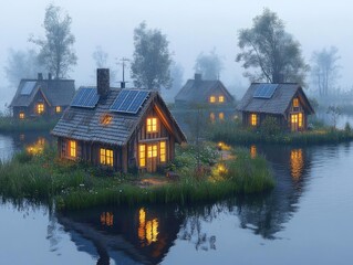 Fototapeta premium Eco-Friendly Cottages on a Misty Lake: Sustainable Living in Harmony with Nature