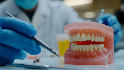 Hands Holding Dental Tools Above Realistic Model of Open Mouth with Teeth and Gums in Medical Laboratory for Educational Purposes