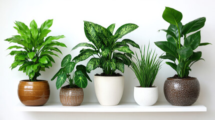 Obraz premium Green plants planted in flowerpots by the wall