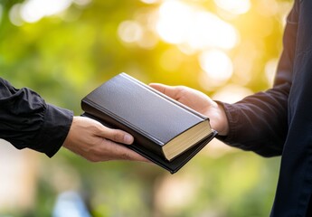 Hands Gently Exchanging a Black Book Outdoors