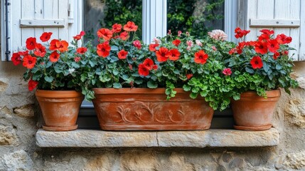Fototapeta premium Vibrant red flowers in terracotta pots adorn a windowsill