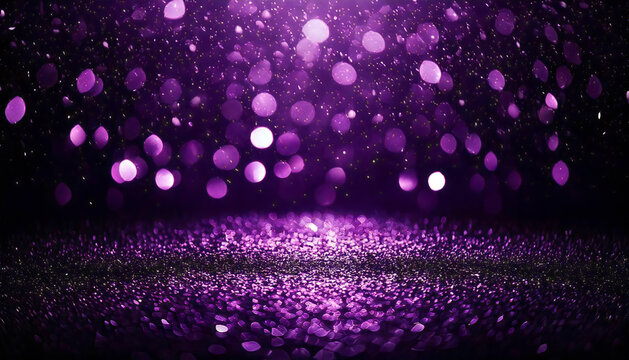 Purple bokeh, blurred lights, blurry background, purple confetti on black background, night light.Purple glitter, sparkles, dust, shiny light particles, dark abstract background.